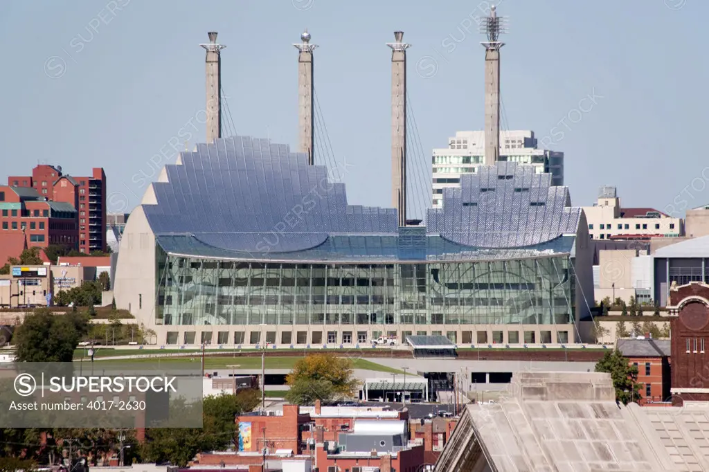 The Kauffman Center for the Performing Arts and Bartle Hall Convention Center in downtown Kansas City, Missouri, USA