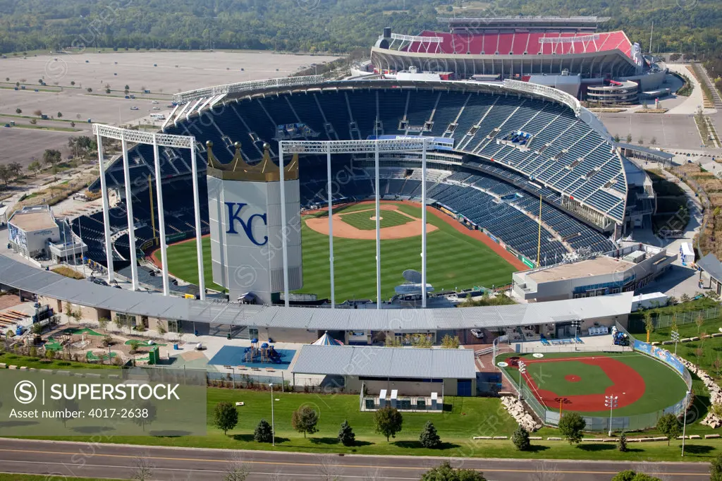 Aerial view of Kauffman Stadium and Arrowhead Stadium at the Truman Sports Complex in Kansas City, Missouri, USA