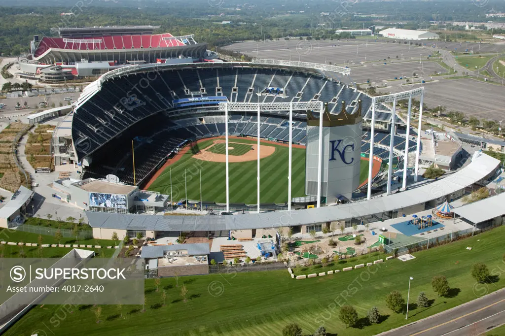 Aerial view of Kauffman Stadium and Arrowhead Stadium at the Truman Sports Complex in Kansas City, Missouri, USA
