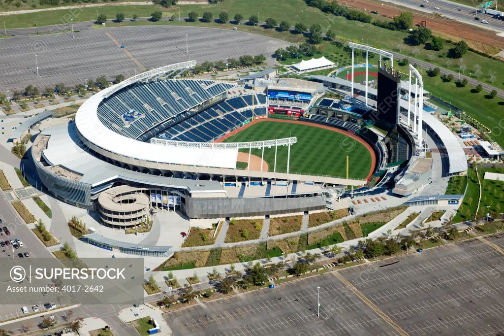 Aerial view of Kauffman Stadium, home of the major league baseball Royals in Kansas City, Missouri, USA