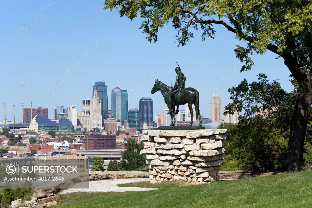 The Scout statue in Penn Valley Park overlooking downtown Kansas City, Missouri, USA