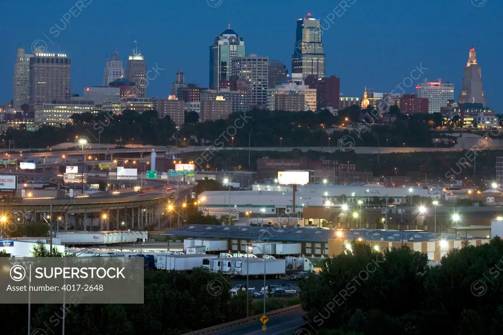 Kansas City skyline from KCK at dusk, Missouri, USA