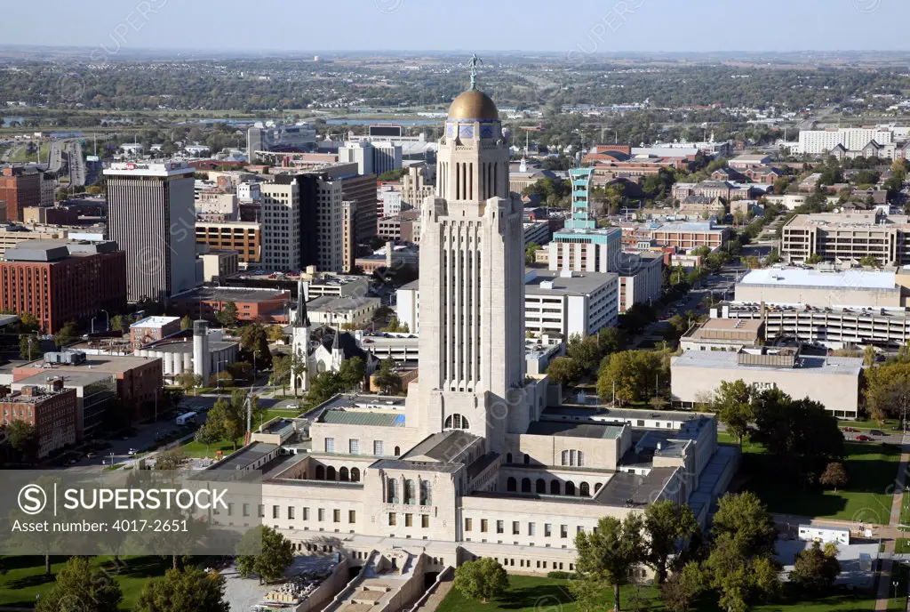 Nebraska State Capitol with the downtown skyline, Lincoln, Lancaster County, Nebraska, USA