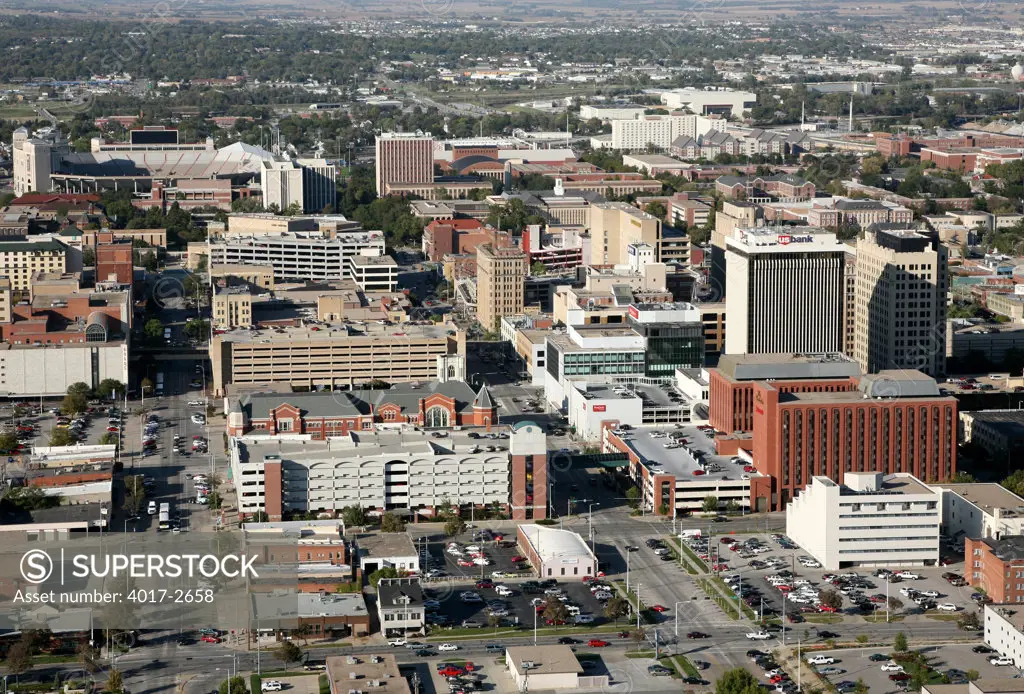 Aerial view of downtown skylines with university in the background, University Of Nebraska-Lincoln, Lincoln, Lancaster County, Nebraska, USA