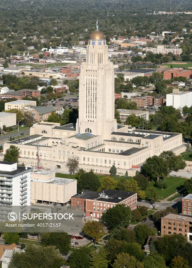 Nebraska State Capitol with the downtown skyline, Lincoln, Lancaster County, Nebraska, USA