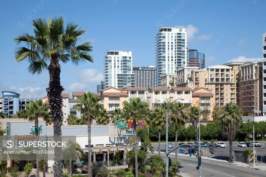 Skyscrapers in a city, The Pike, Rainbow Harbor, Long Beach, Los Angeles County, California, USA
