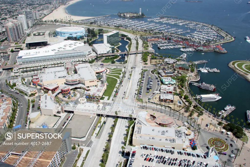 Aerial view of a cityscape, The Pike, Rainbow Harbor, Long Beach, Los Angeles County, California, USA