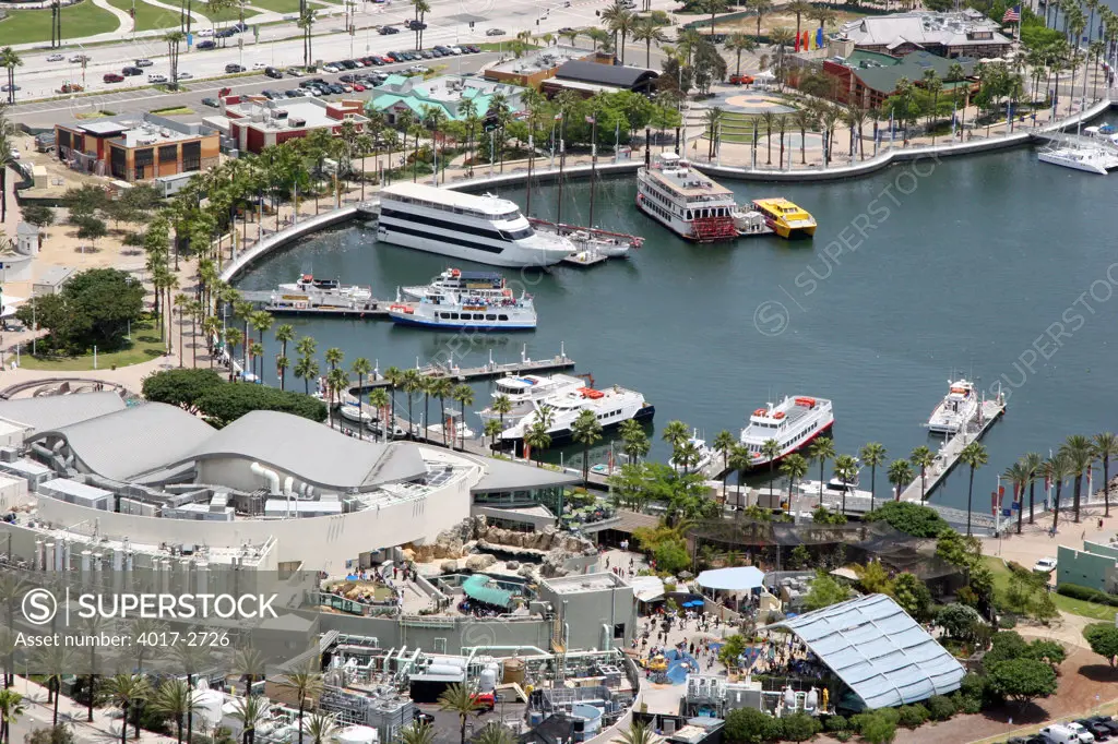 Aerial view of the Rainbow Harbor with the Aquarium of the Pacific in foreground, Long Beach, Los Angeles County, California, USA