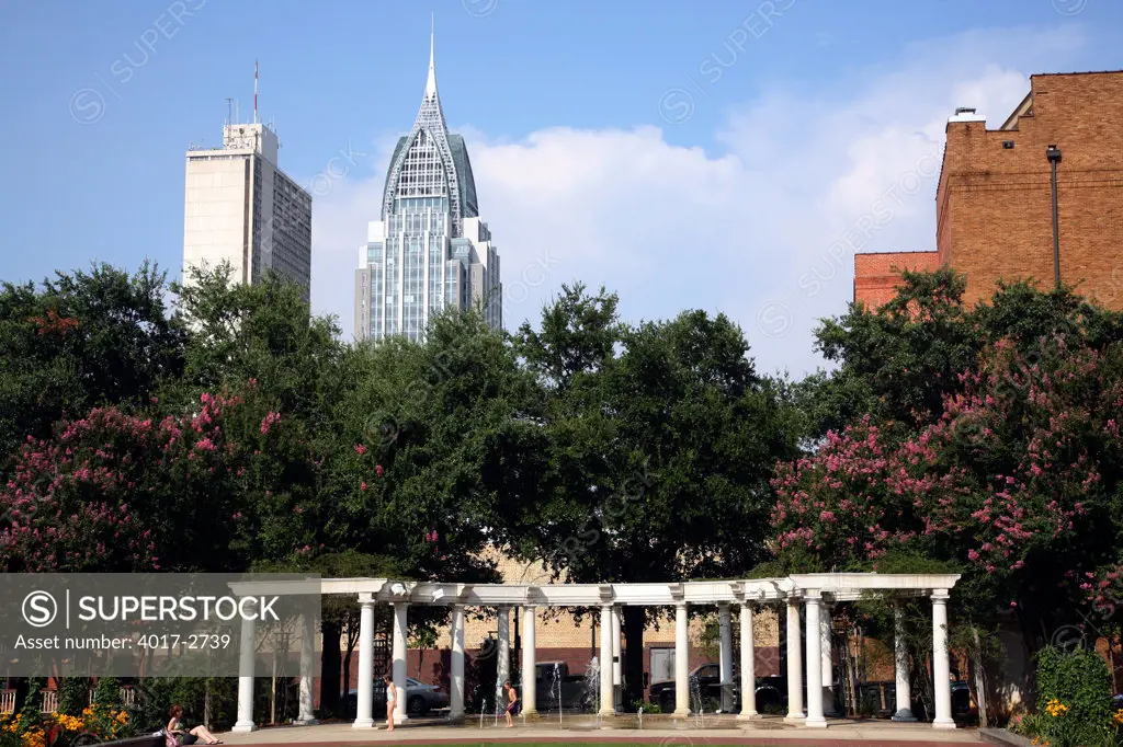 Park with skyscrapers in the background, Bienville Square, RSA Battle House Tower, Mobile, Alabama, USA