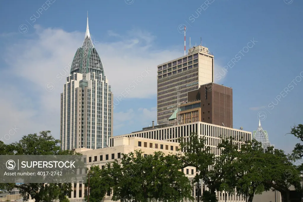 Low angle view of skyscrapers, Mobile, Alabama, USA
