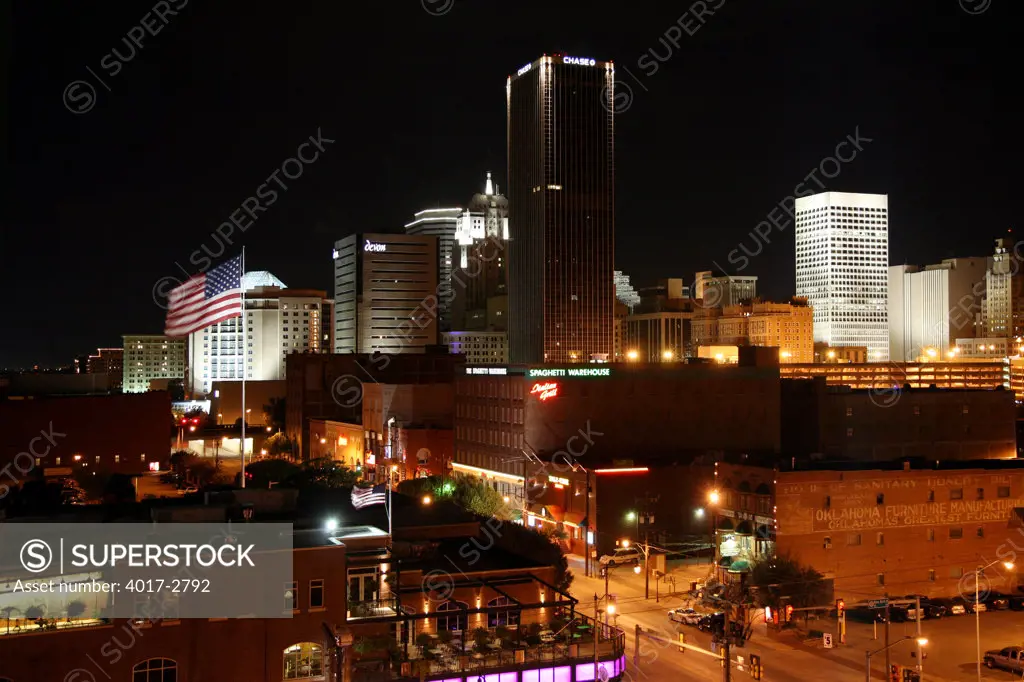 Night shot of downtown Oklahoma City skyline from Bricktown, Oklahoma, USA