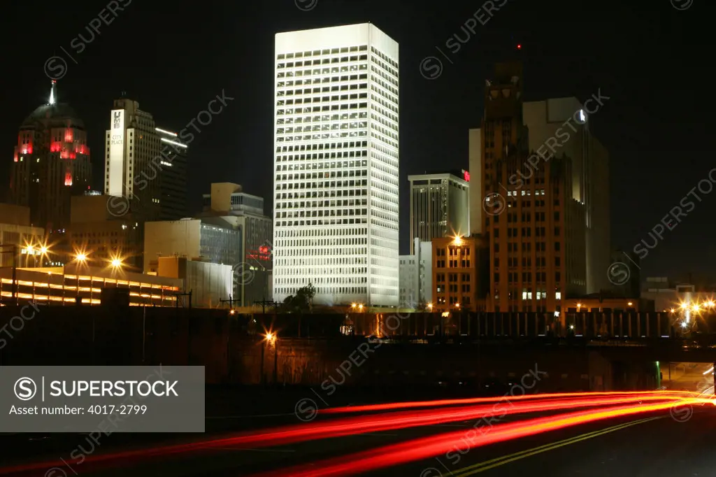 Night shot of downtown Oklahoma City skyline, Oklahoma, USA