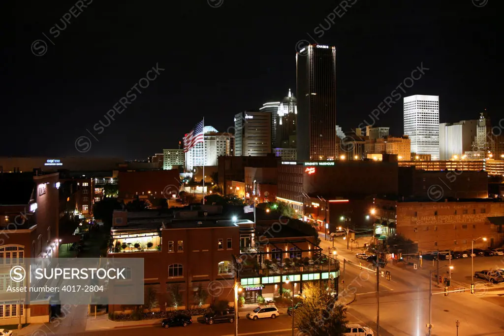 Downtown skyline nightshot from Bricktown area, Oklahoma City, Oklahoma, USA