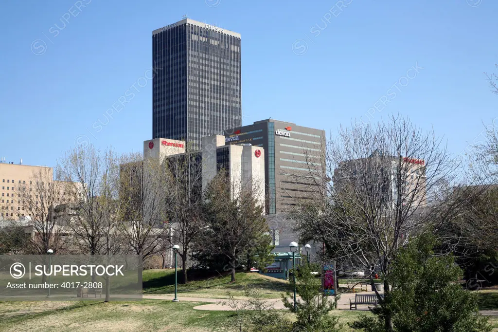 Downtown Oklahoma City skyline from near Bricktown, Oklahoma, USA