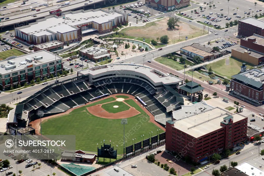 Aerial view of RedHawks Field at Bricktown, Oklahoma City, Oklahoma, USA