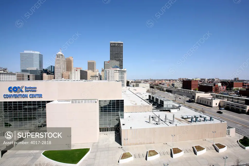 COX Convention Center with Oklahoma City skyline and Bricktown in background, Oklahoma, USA