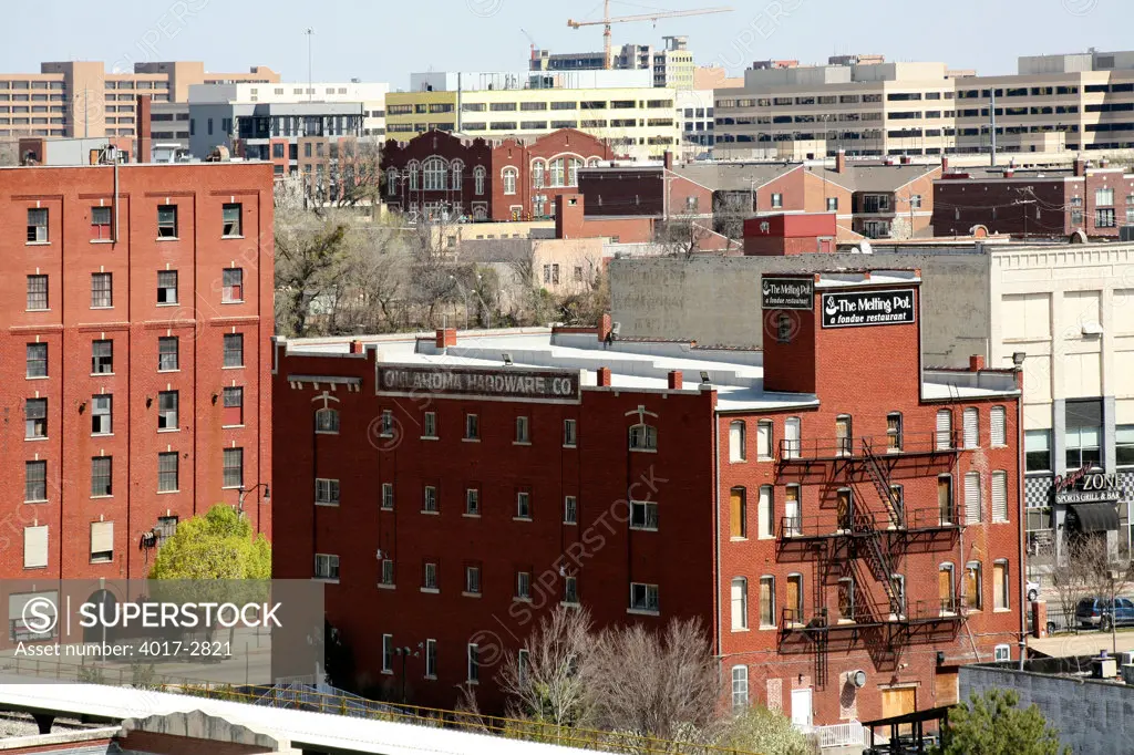 High angle view of downtown Bricktown, Oklahoma City, Oklahoma, USA