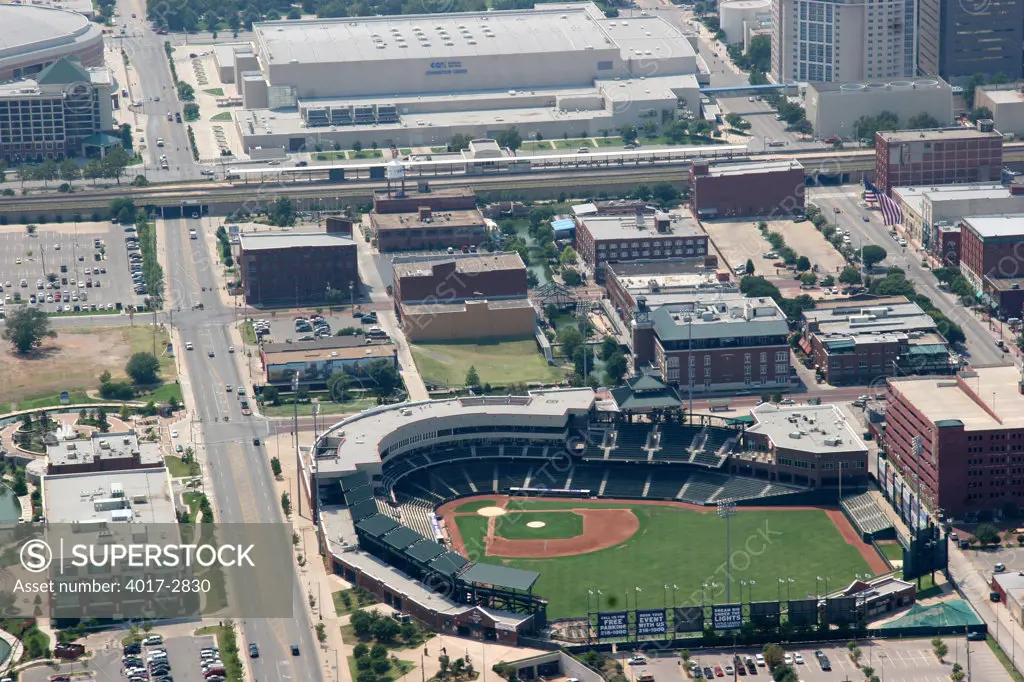 Aerial view of RedHawks Field at Bricktown, Oklahoma City, Oklahoma, USA