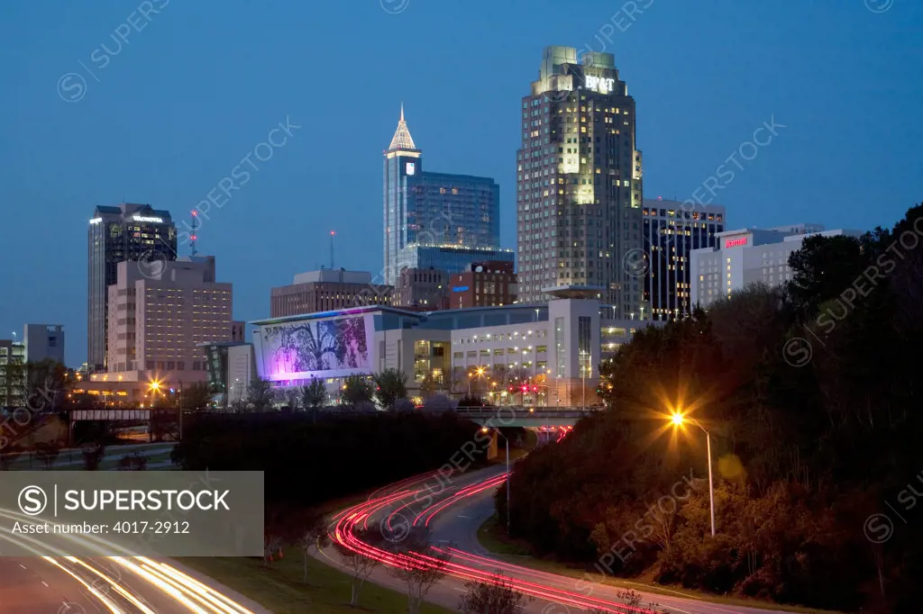 Downtown skylines at dusk, Civic Center, Raleigh, North Carolina, USA