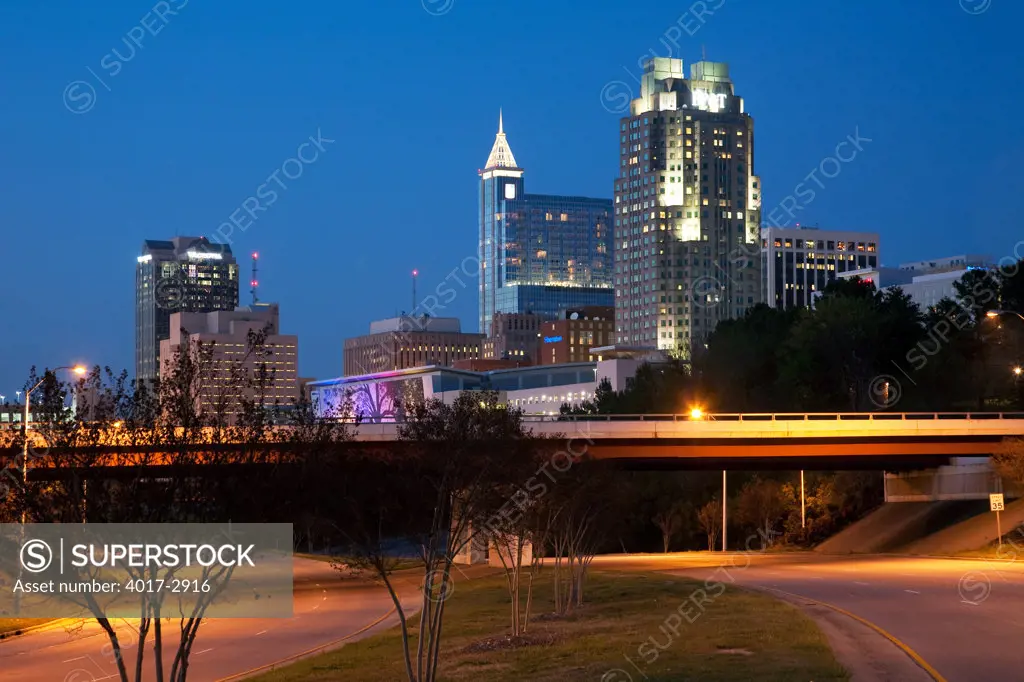 Downtown skylines at dusk, Civic Center, Raleigh, North Carolina, USA