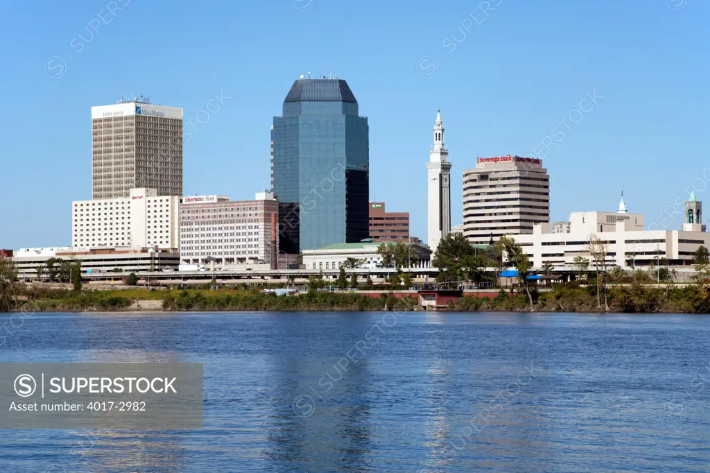 Downtown skyline of Springfield, Massachusetts from the Connecticut River, USA