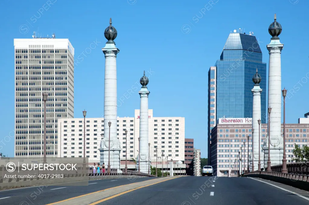 Downtown skyline of Springfield, Massachusetts from the Springfield Memorial Bridge, USA