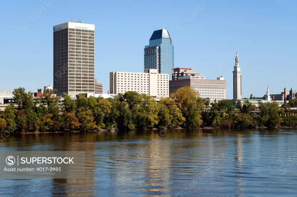 Downtown skyline of Springfield, Massachusetts from the Connecticut River, USA