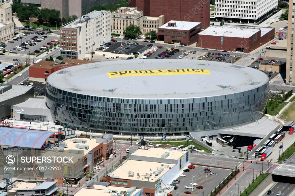 Aerial view of Sprint Center arena in downtown Kansas City, Missouri, USA