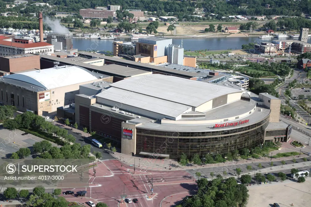 Aerial view of a city, Xcel Energy Center, Mississippi River, St. Paul, Minnesota, USA