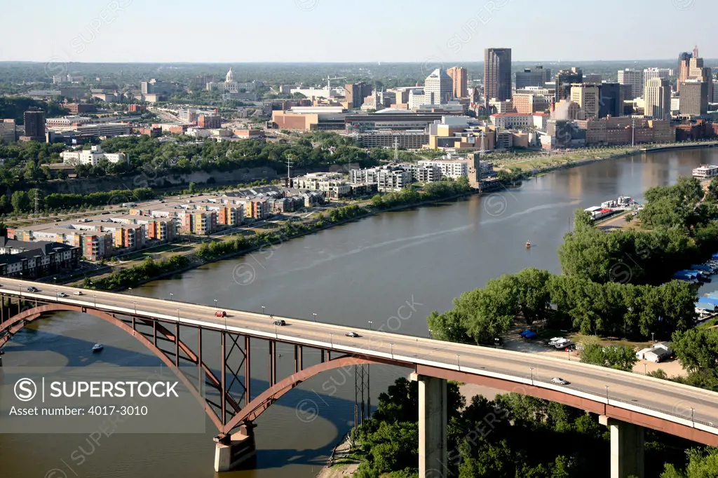 Aerial view of the bridge across the river with buildings in the background, High Bridge, Mississippi River, St. Paul, Minnesota, USA