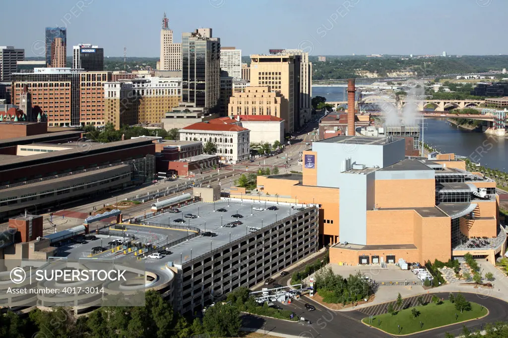 Aerial view of a city, Xcel Energy Center, Mississippi River, St. Paul, Minnesota, USA