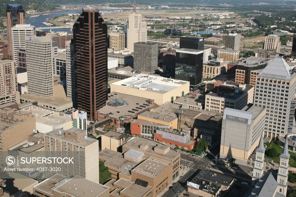 Aerial view of buildings in a downtown district, St. Paul, Mississippi River, Minnesota, USA
