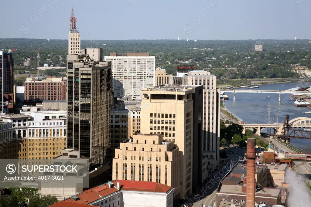 Aerial view of buildings in a downtown district, St. Paul, Mississippi River, Minnesota, USA