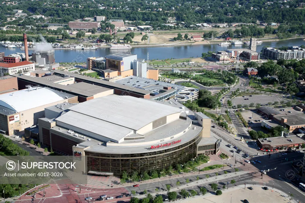 Aerial view of buildings in a city, Xcel Energy Center, St. Paul, Mississippi River, Minnesota, USA