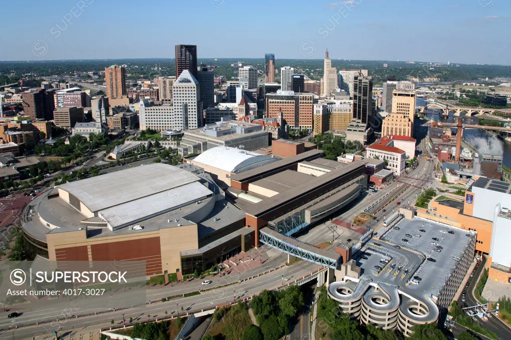 Aerial view of buildings in a city, Xcel Energy Center, St. Paul, Mississippi River, Minnesota, USA