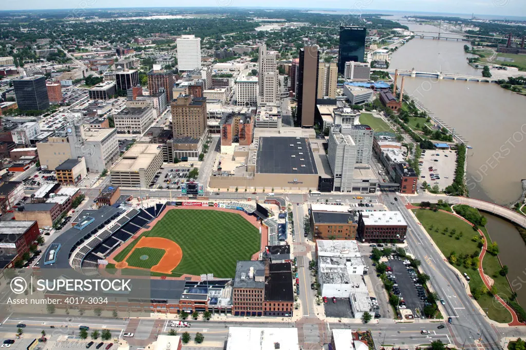 Aerial view of Fifth Third Field on the Maumee riverfront in downtown Toledo, Ohio, USA