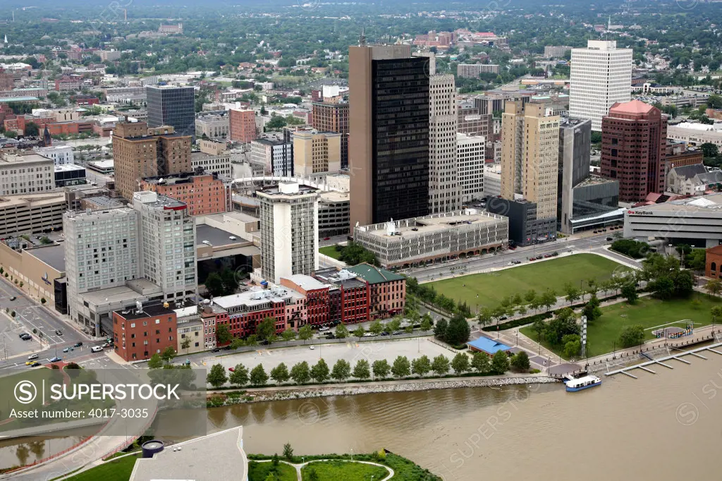 Aerial view of Toledo, Ohio with the Maumee River in the foreground, USA