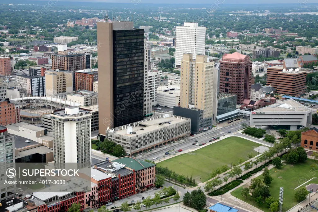 Aerial view of Fiberglas Tower in downtown Toledo, Ohio, USA