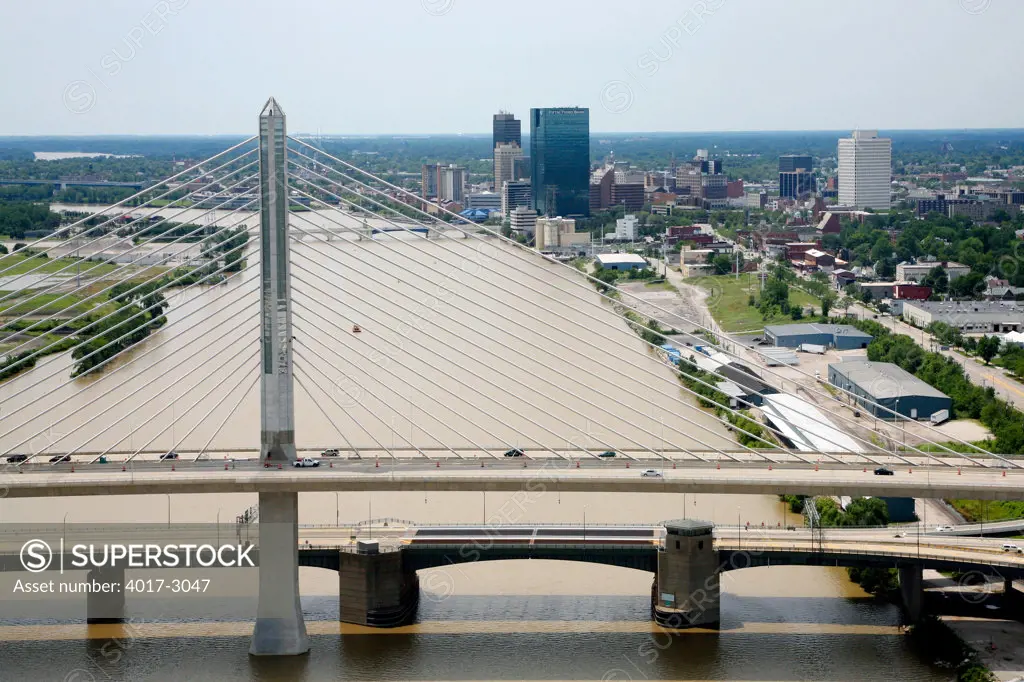 Aerial view of Veterans' Glass City Skyway over the Maumee River, Toledo, Ohio, USA