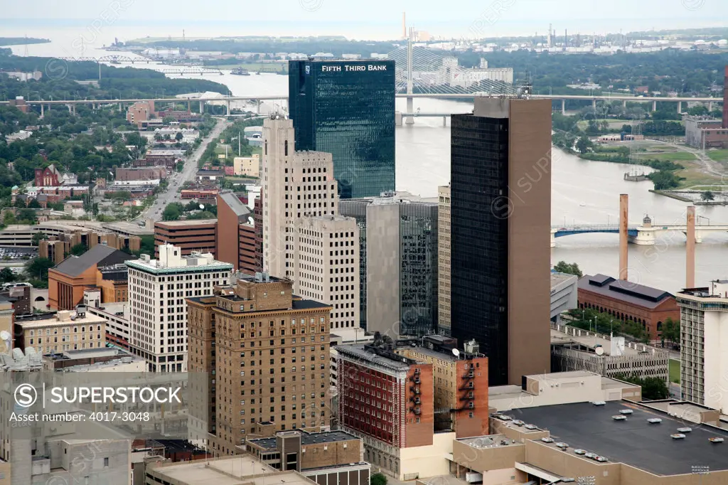 Aerial view of downtown Toledo, Ohio with Veterans' Glass City Skyway in the background, USA