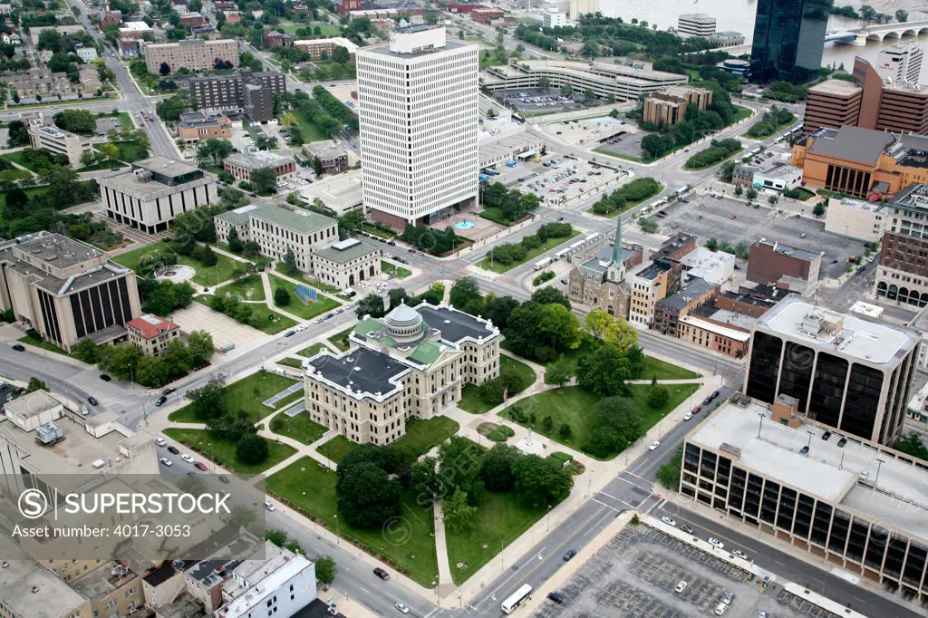 Aerial view of the Lucas County Courthouse in downtown Toledo, Ohio, USA