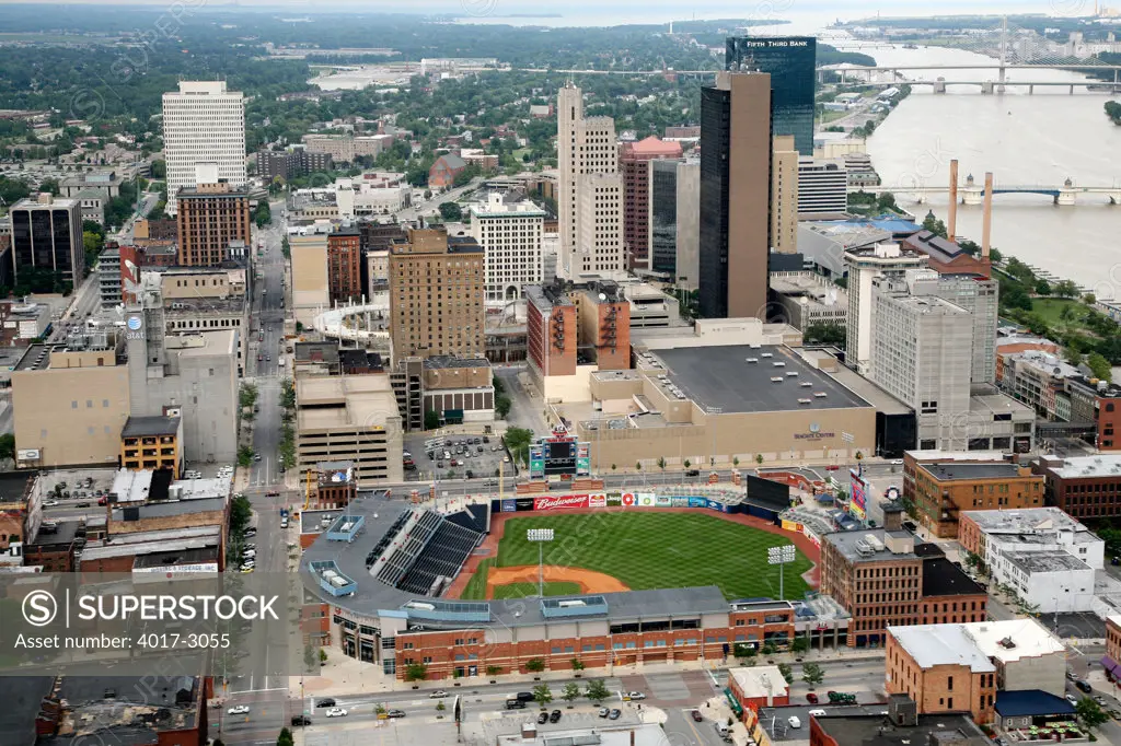 Aerial view of Fifth Third Field in downtown Toledo, Ohio with the skyline in the background, USA
