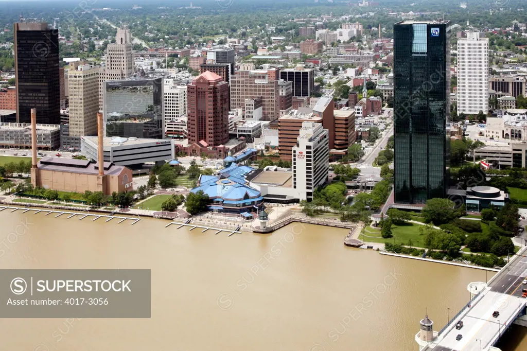 Aerial view of downtown Toledo, Ohio on the riverfront of the Maumee River, USA