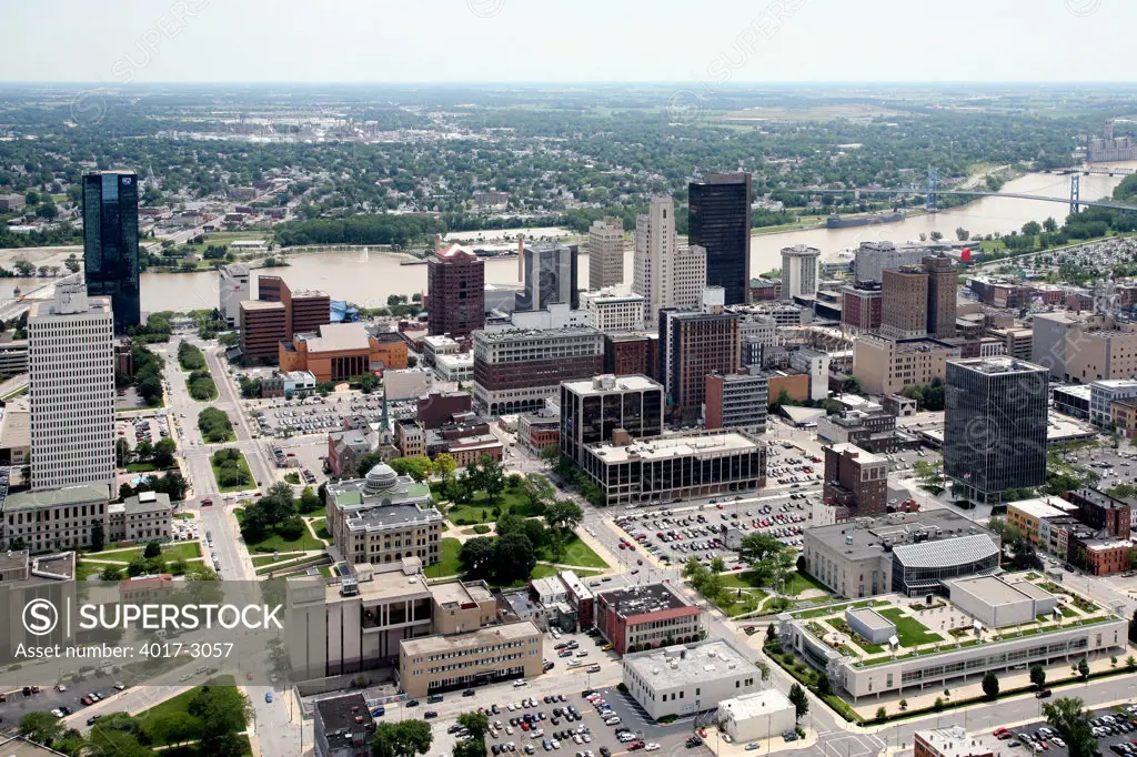 Aerial view of downtown Toledo, Ohio with the Maumee River in the background, USA