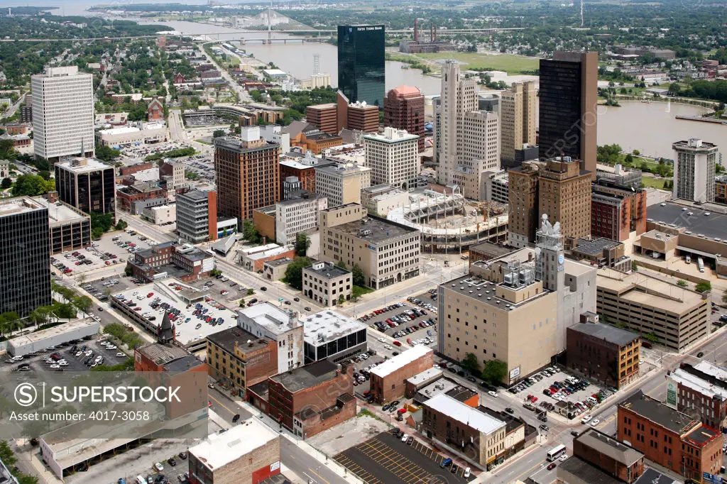 Aerial view of Toledo downtown, Ohio with the Maumee River in the background, USA