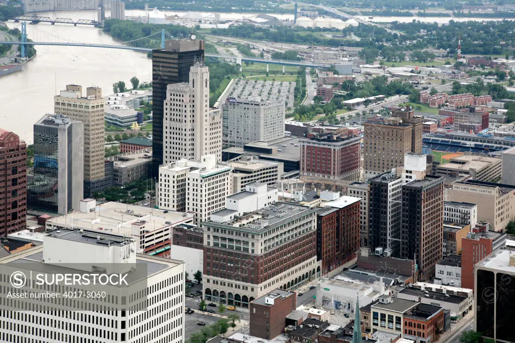 Aerial view of downtown Toledo with the Anthony Wayne Bridge over the Maumee River in the background, Ohio, USA