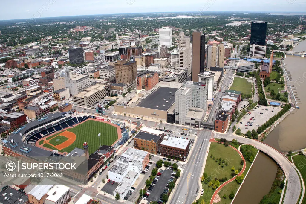 Aerial view of Fifth Third Field with the downtown skyline of Toledo in the background, Ohio, USA