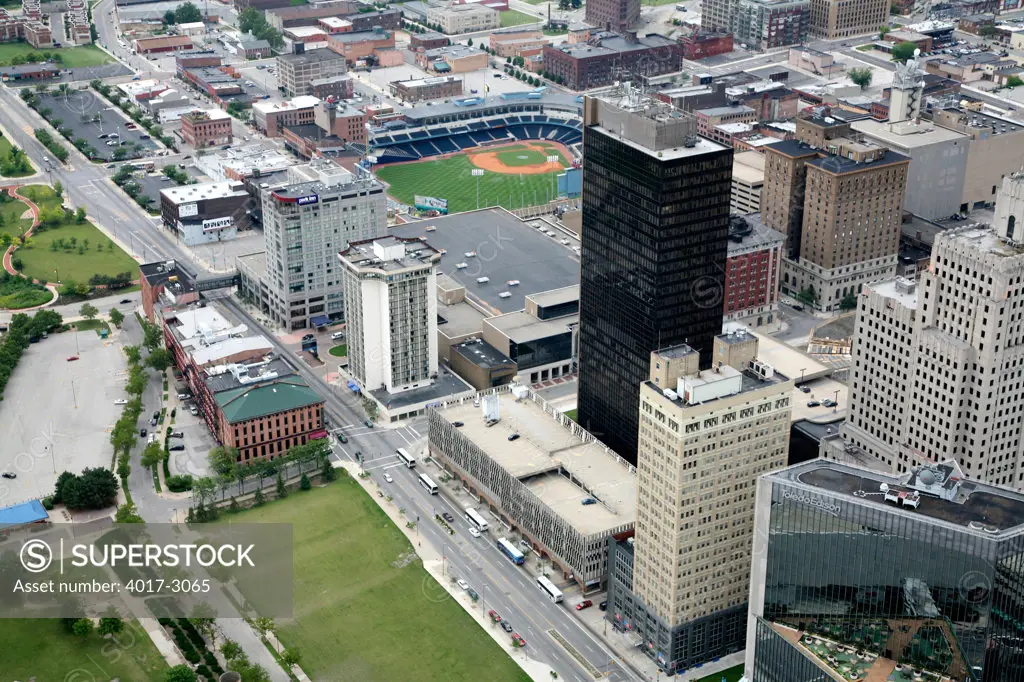 Aerial view of downtown Toledo, Ohio with Fifth Third Field, USA