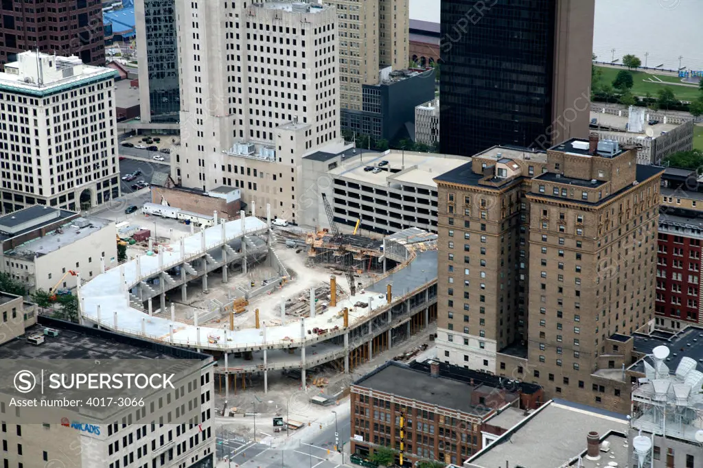 Aerial view of Huntington Center Under Construction in downtown Toledo, Ohio, USA