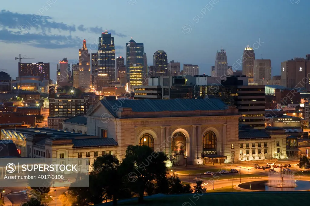 Downtown Kansas City, MO Skyline and Union Station from Liberty Memorial, Missouri, USA